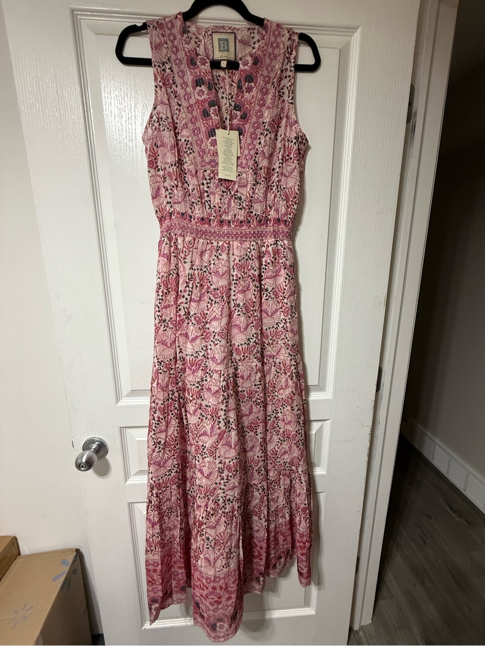Sleeveless Pink Floral Maxi Dress with Smocked Waist